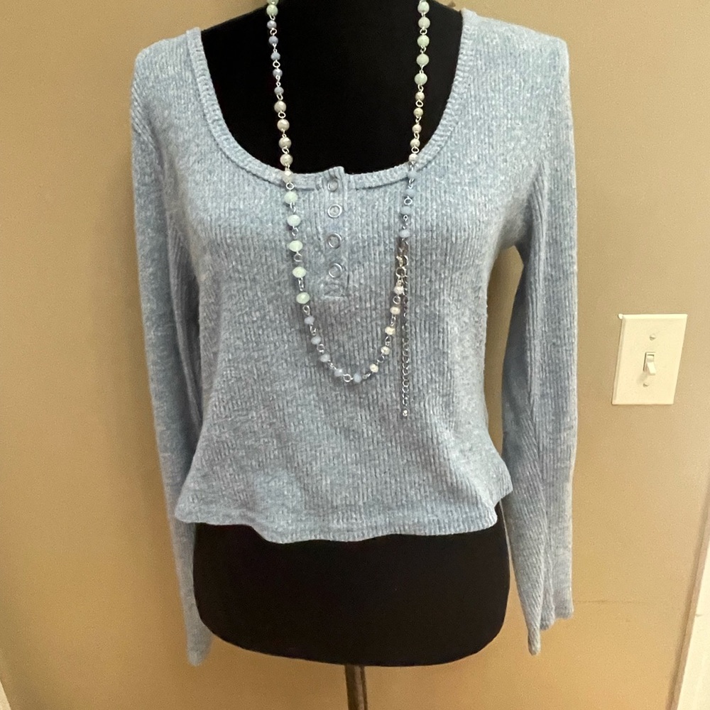 Sophie Rue Blue Ribbed Long Sleeve Blouse